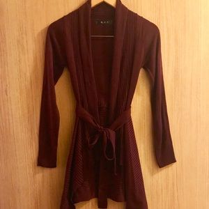 Long Ribbed Open Sweater with Tie At Waist